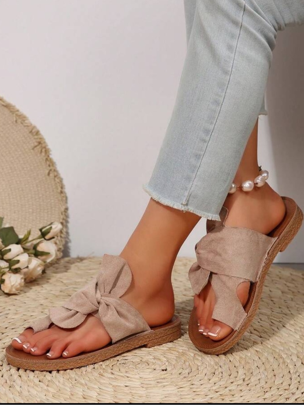 Beige Bow Knotted Suede Like Slide Sandals - Women - Picture 3 of 7